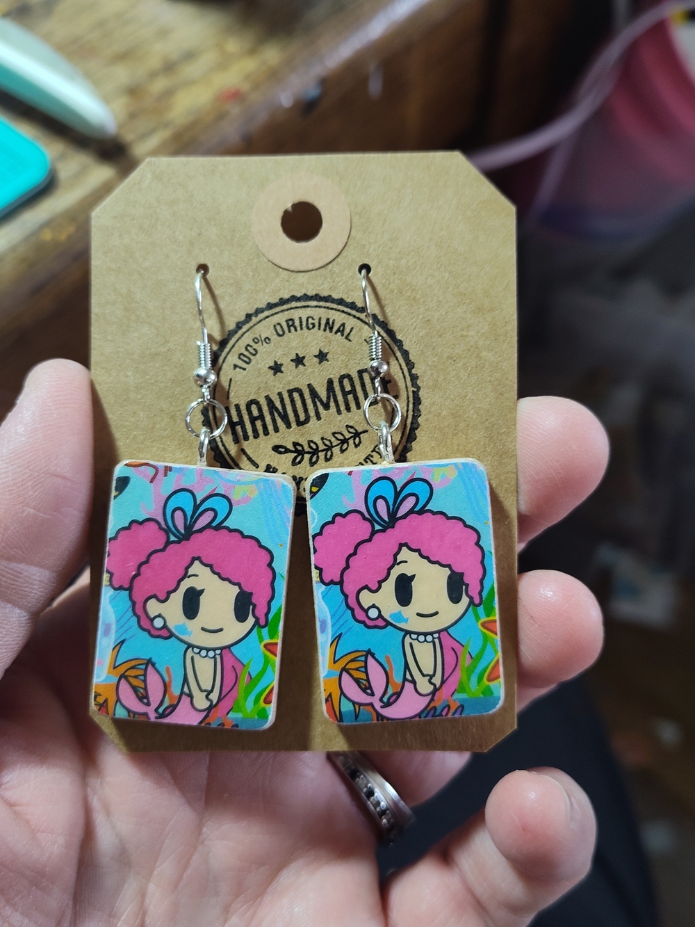Pink Mermaid tokodoki  Cartoon Earrings - Handmade Colorful Dangles